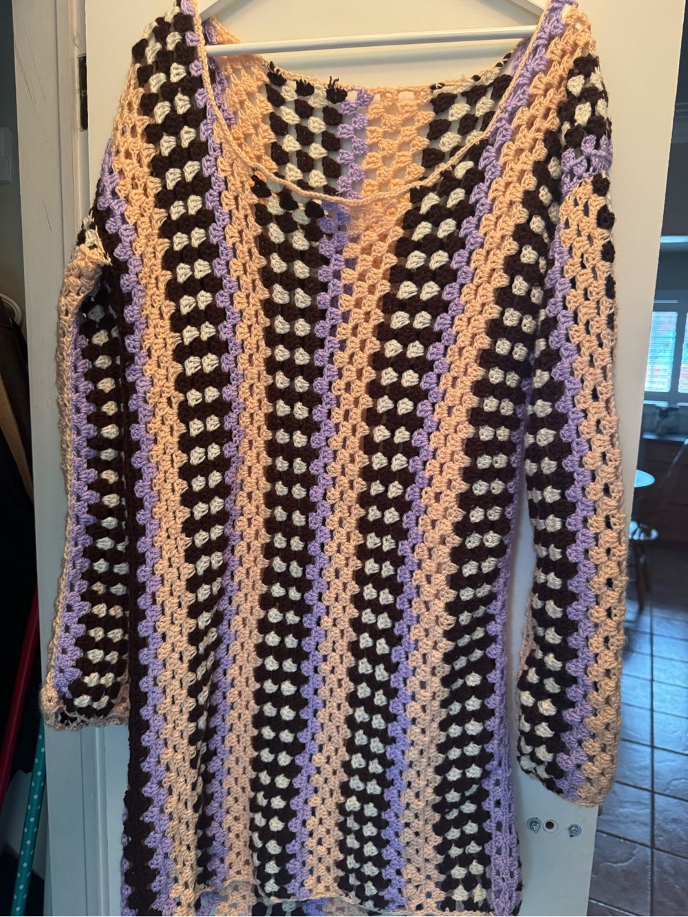 Handmade Crochet Long Sleeve Sweater Dress in Brown, Cream & Lavender